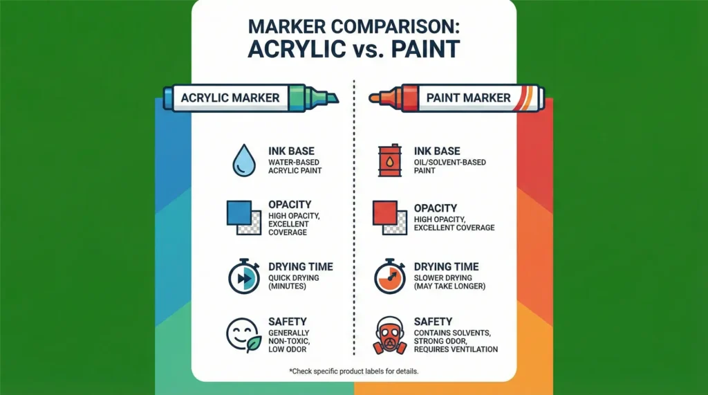 Acrylic markers vs paint markers infographic showing differences in ink base, opacity, drying time, and safety.