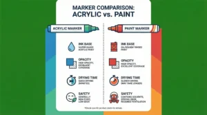 Acrylic markers vs paint markers infographic showing differences in ink base, opacity, drying time, and safety.