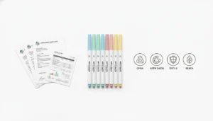 Certification overview for custom acrylic markers showing CPSIA, ASTM D4236, EN71-3, and REACH compliance icons.