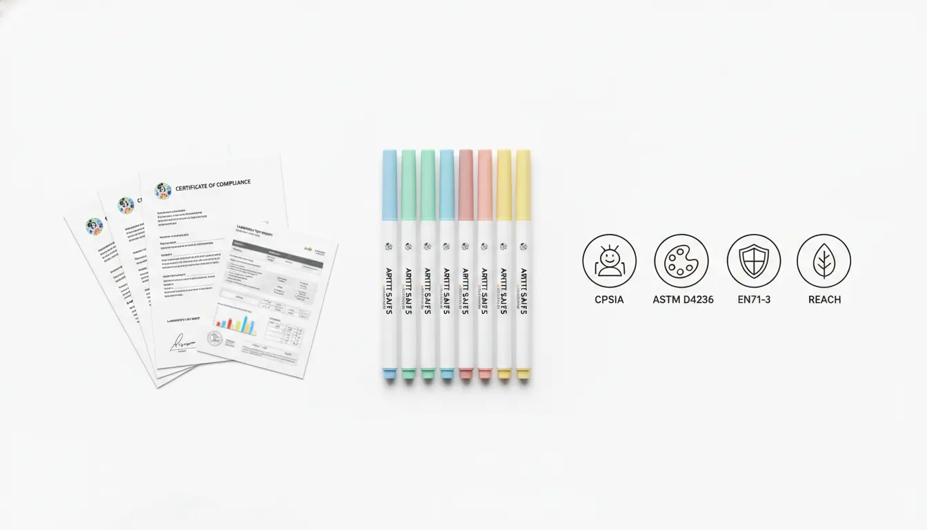 Certification overview for custom acrylic markers showing CPSIA, ASTM D4236, EN71-3, and REACH compliance icons.