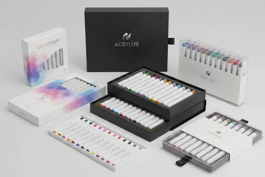 Custom acrylic marker packaging options from China, including rigid boxes, PET cases, and multi-color set trays.