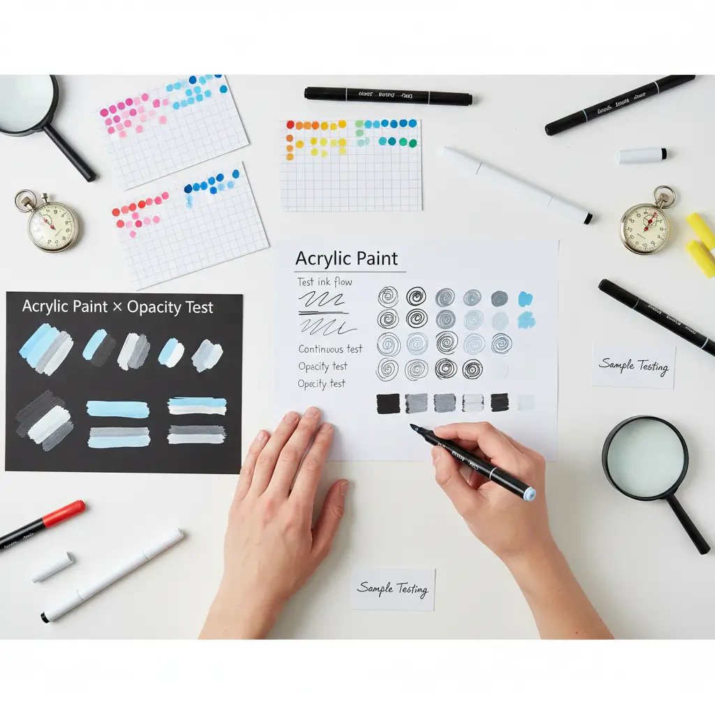 1.Flat-lay view of acrylic marker sample testing, showing ink flow checks, opacity swatches, and evaluation tools on a clean desk