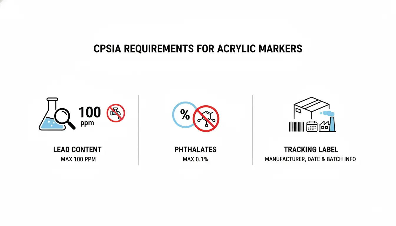1.Infographic explaining CPSIA requirements including lead limits, phthalate limits, and tracking labels for acrylic markers