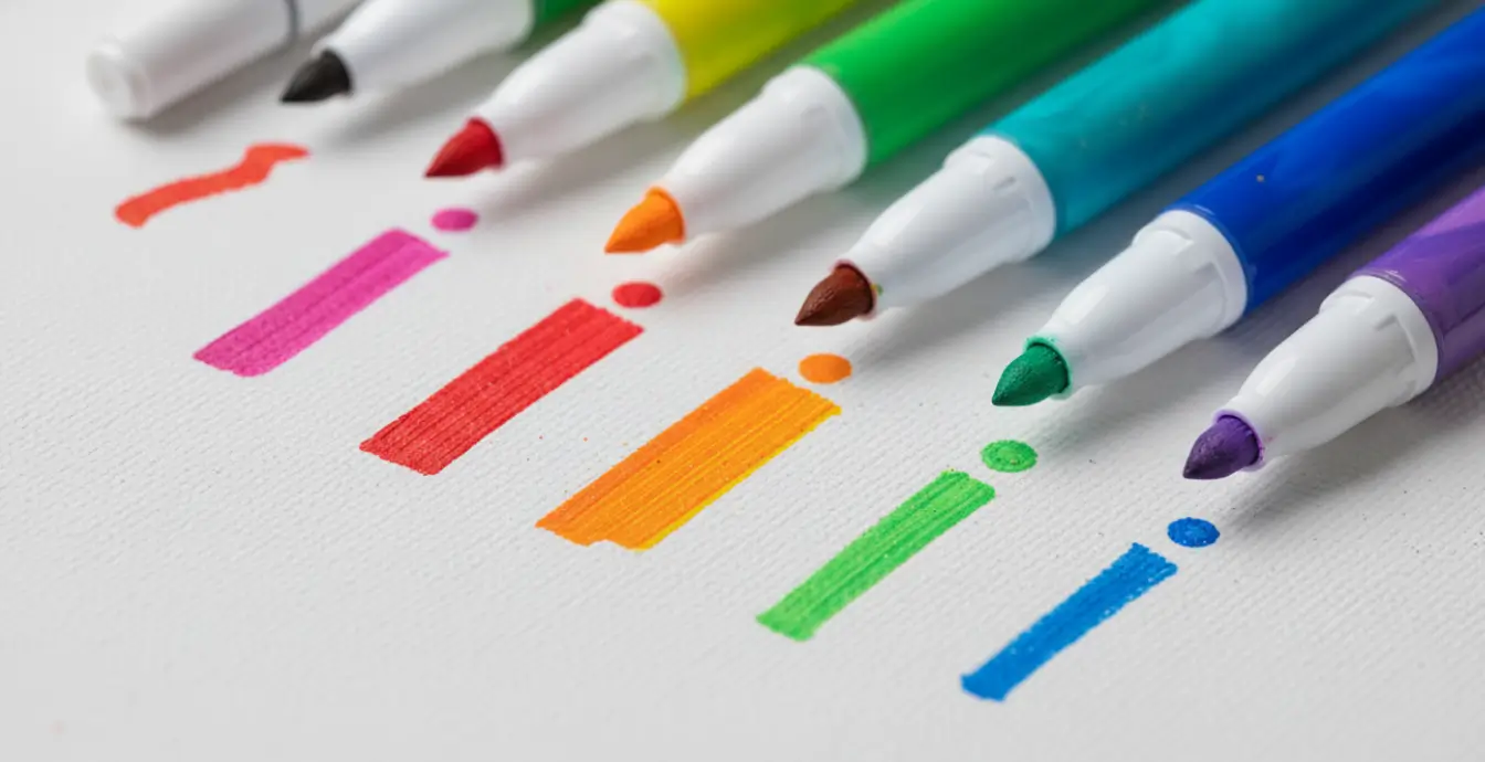 2.Close-up of custom acrylic markers from China showing brush, chisel, and bullet tips with painted strokes