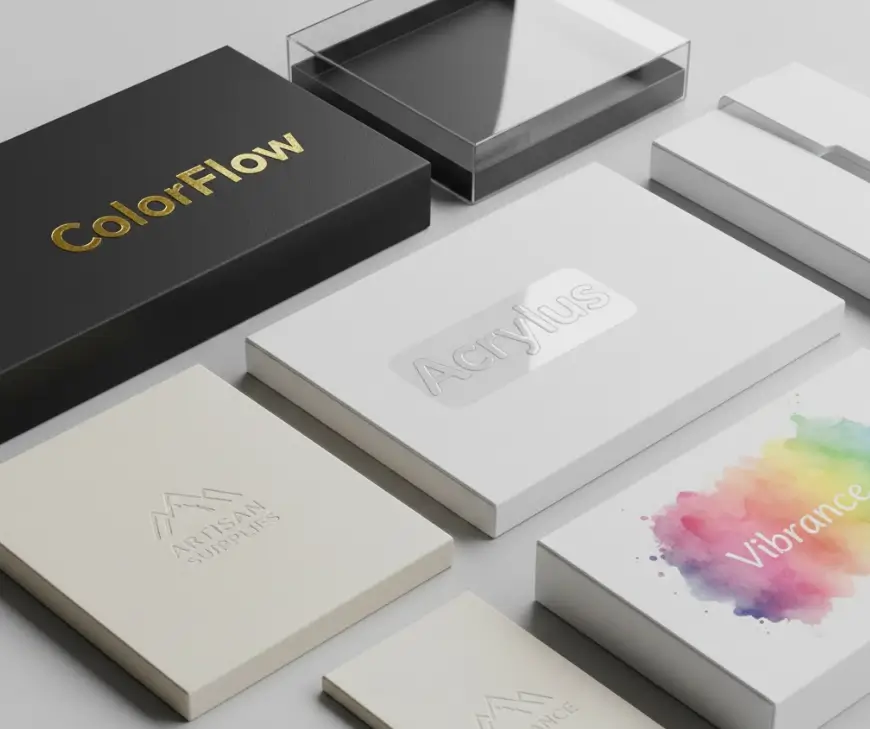 Custom logo printing options for acrylic marker packaging, including hot stamping, UV printing, and embossing.