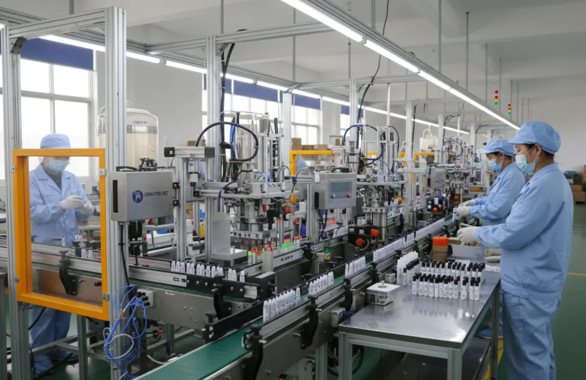 3.Automated acrylic marker production line in China showing workers and ink filling machines
