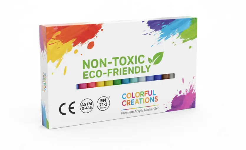 Certified Chinese acrylic markers showing CE, ASTM, and EN71-3 compliance for safety and non-toxicity