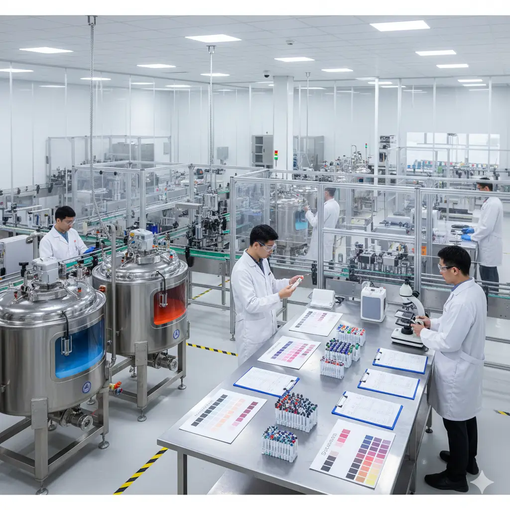 Factory-quality control scene showing automated acrylic marker production, pigment mixing, sealing lines, and technicians verifying batch quality.