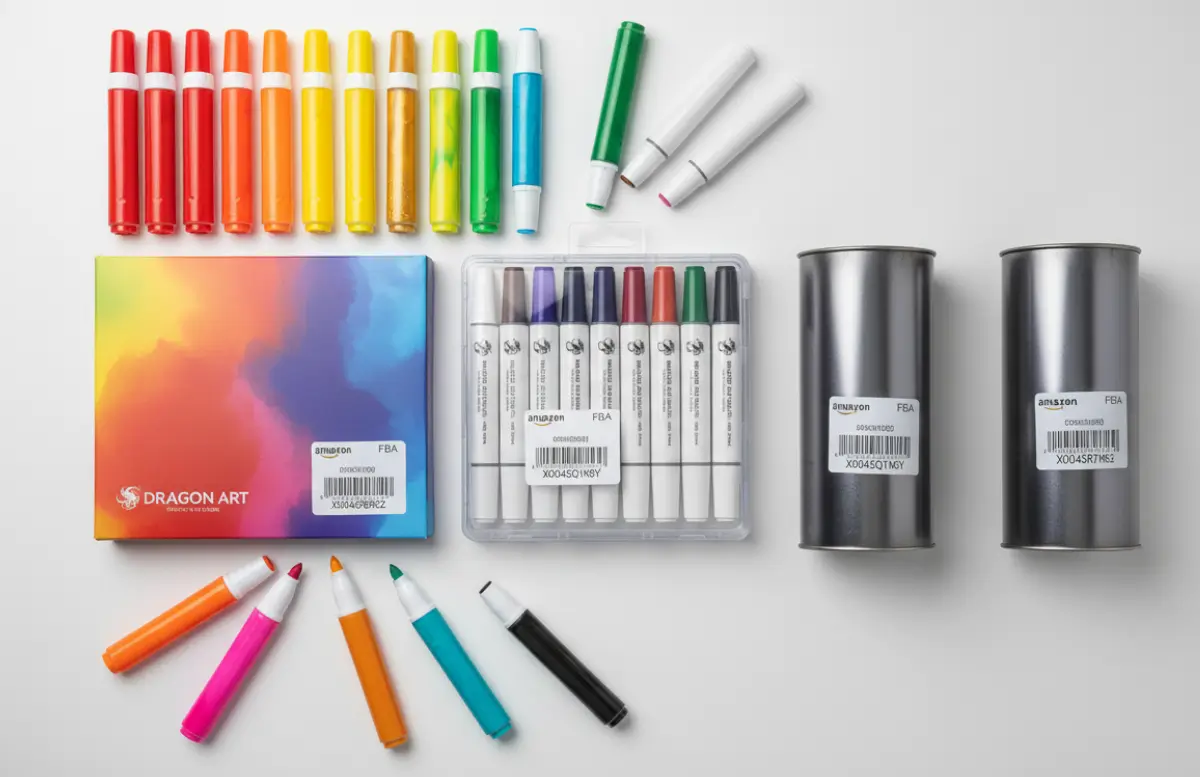 Custom acrylic markers from China in different packaging styles with Amazon-ready labels and barcodes