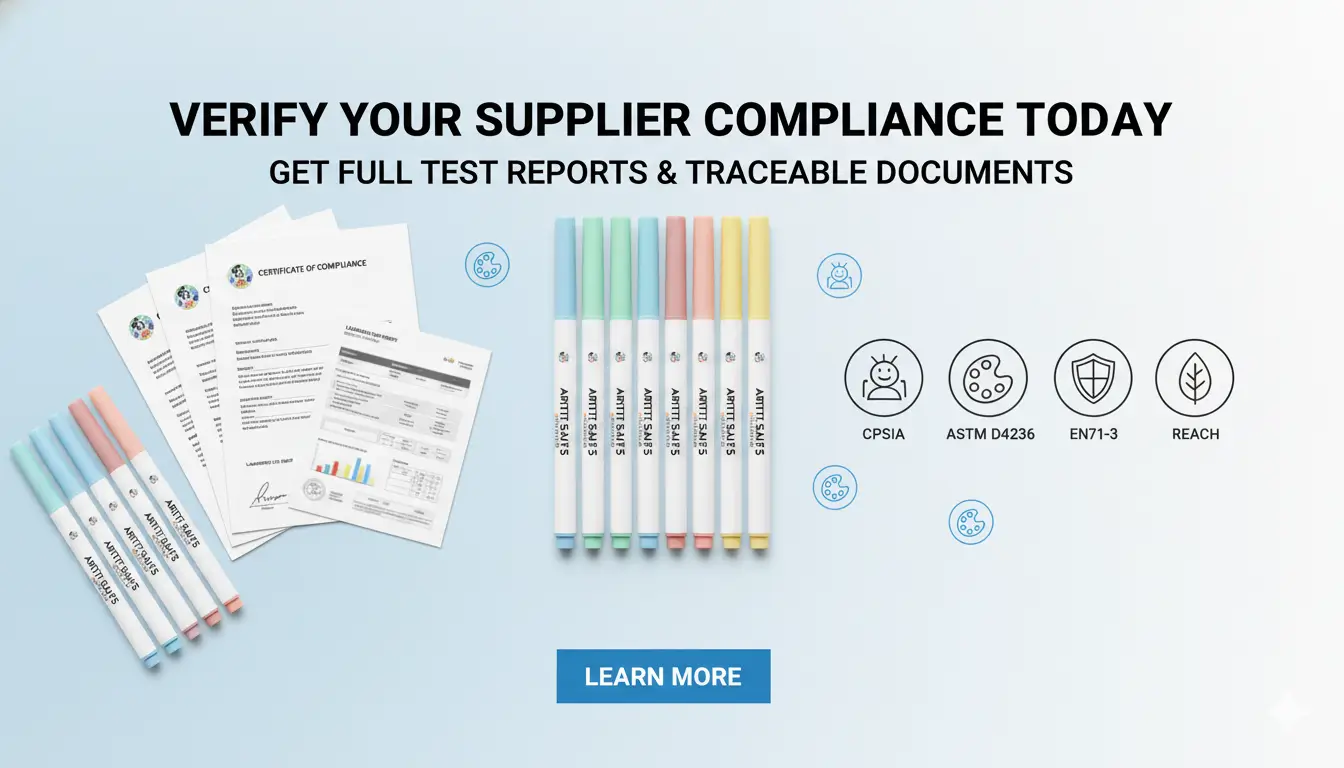 7.Call-to-action banner encouraging importers to verify supplier compliance and obtain full test reports for acrylic markers.