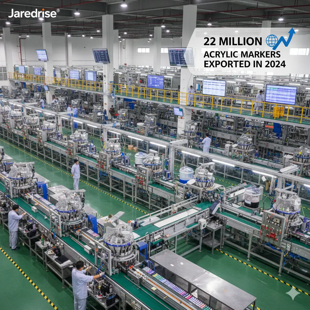 Acrylic marker factory in China with automated filling lines and large-scale annual output exceeding 22 million units.