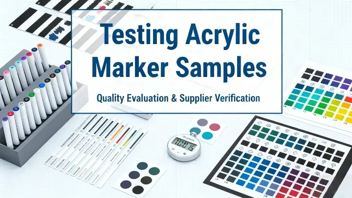 B2B-style blog cover image showing acrylic marker testing tools, color swatches, and technical evaluation elements for supplier quality verification.