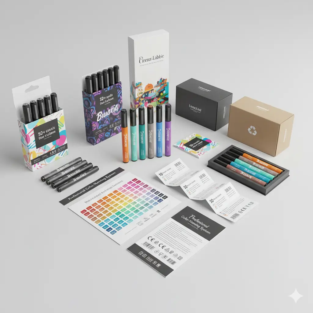 Custom branding options for acrylic paint pens including logos, color themes, and artwork sleeves.
