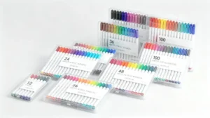 Different acrylic marker color set configurations including 12, 24, 36, 48, and 80-color packaging options.
