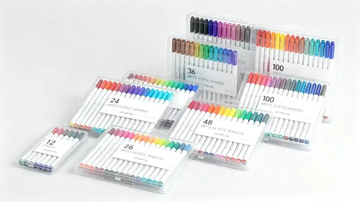 Different acrylic marker color set configurations including 12, 24, 36, 48, and 80-color packaging options.