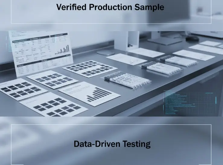 Unfiltered production-batch acrylic marker samples displayed with structured technical data and laboratory-style documentation.