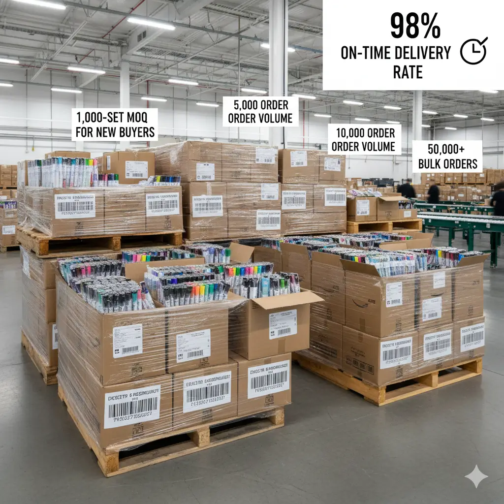 Wholesale acrylic paint pen pallets with 1,000-set MOQ, tiered pricing, and Amazon-ready barcode packaging.