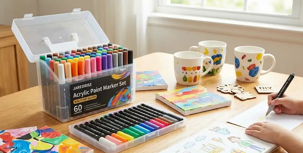 Jaredrise Acrylic Paint Marker Set with 12 to 72 color options for canvas, DIY crafts, ceramics, and kids art, non-pump design