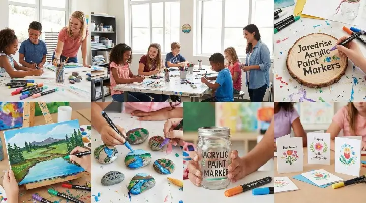 Jaredrise Acrylic Paint Markers used on canvas, rocks, wood, glass, and cards for creative DIY projects and kids art workshops