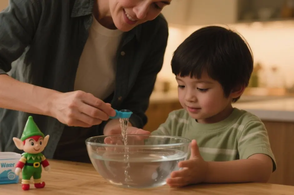 A realistic close-up showing a parent and child preparing a bowl of clean water, with a Magic Water Elf Kit nearby