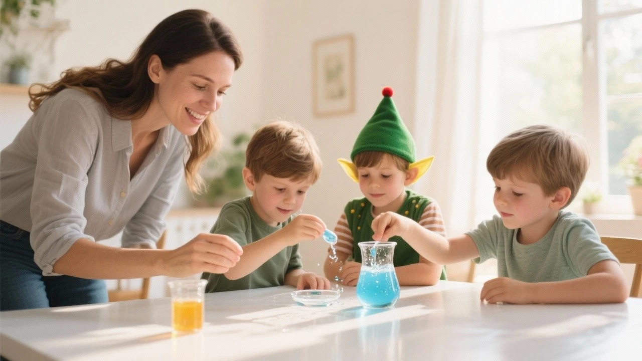 A warm real-life image showing children aged 6–10 doing the Magic Water Elf experiment on a clean table