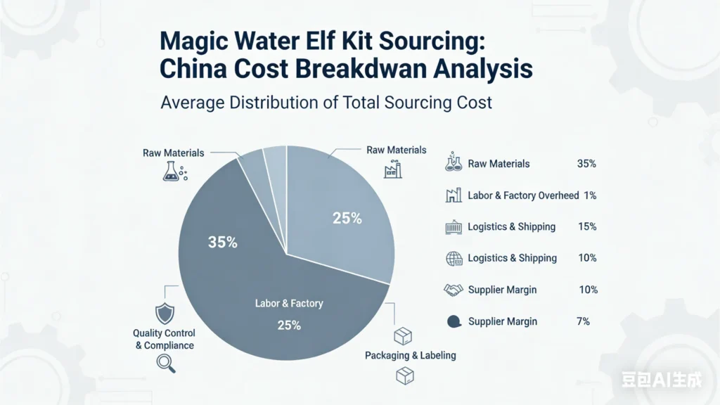 Cost breakdown showing major sourcing cost components for Magic Water Elf Kits from China, including production, quality control, and logistics
