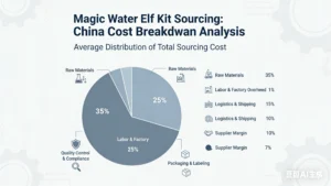 Cost breakdown showing major sourcing cost components for Magic Water Elf Kits from China, including production, quality control, and logistics