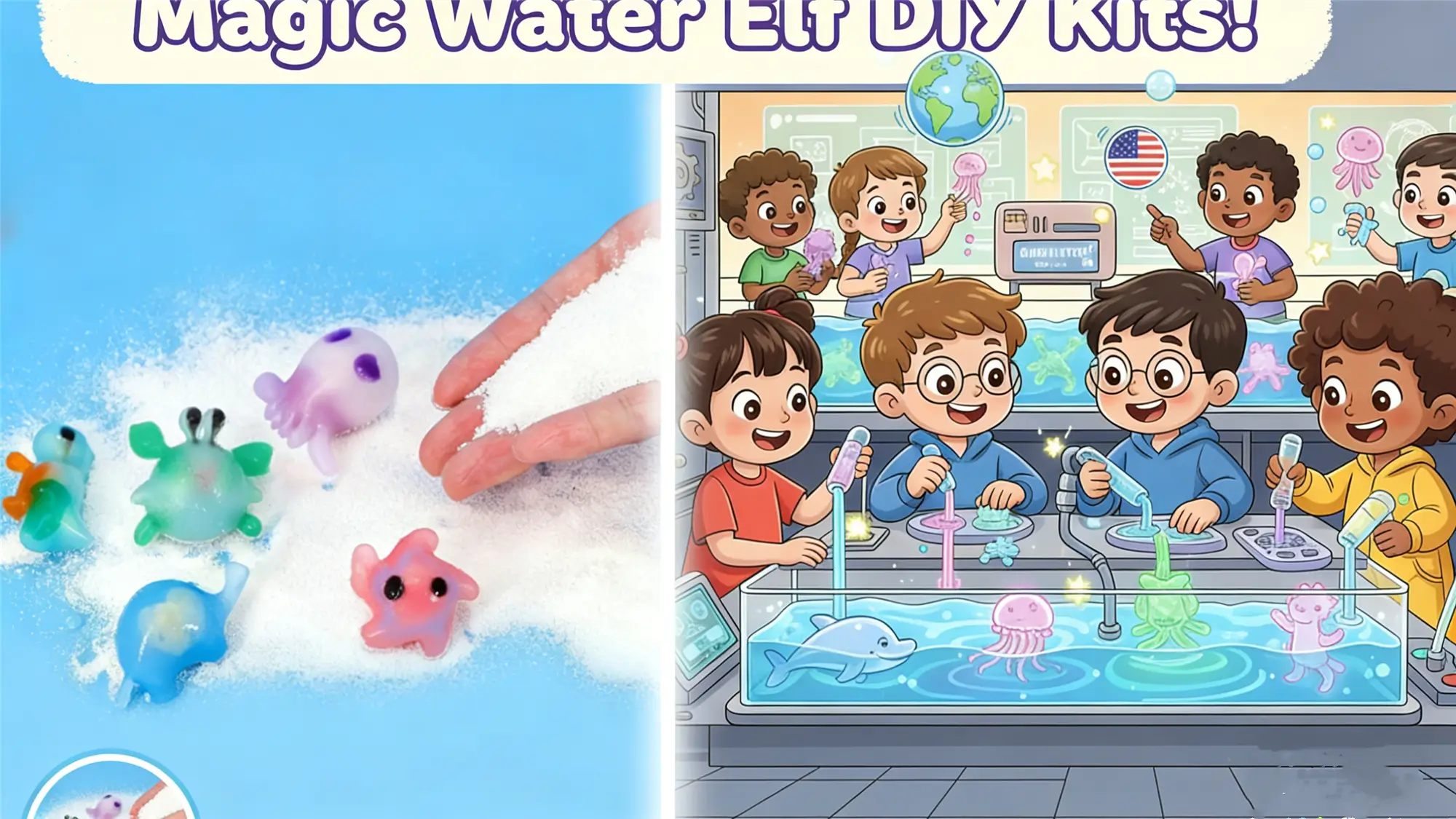 Futuristic scene of children interacting with Magic Water Elf DIY Kits featuring glowing water