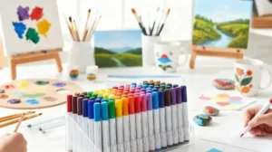 Jaredrise Acrylic Paint Marker Set blog cover showing 12 to 72 colorful non-pump markers arranged with canvas, paint palettes, brushes, and DIY art materials for artists, crafters, and kids’ workshops