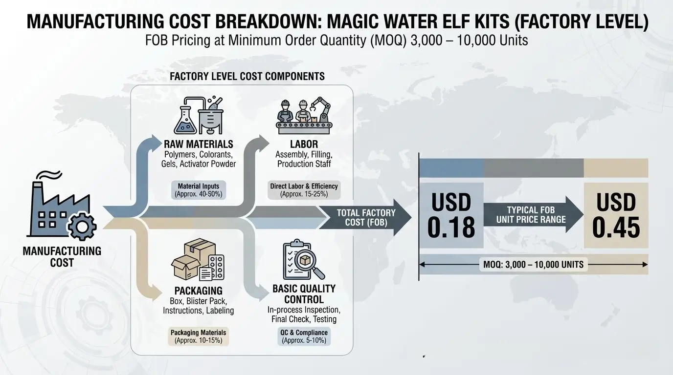 Manufacturing cost definition for Magic Water Elf Kits, showing factory-level components and FOB unit price range of USD 0.18 to 0.45 at standard MOQs