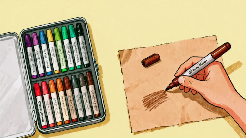 Oil-Based Paint Markers guide safety, performance, practical use, tech-style minimalist design with safety and performance icons