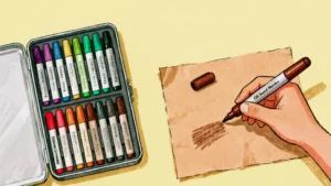 Oil-Based Paint Markers guide safety, performance, practical use, tech-style minimalist design with safety and performance icons