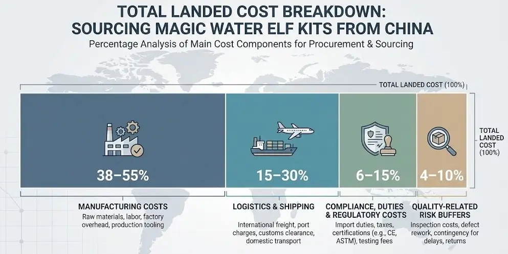 Total landed cost breakdown for sourcing Magic Water Elf Kits from China, showing manufacturing, logistics, compliance, and quality risk cost ranges