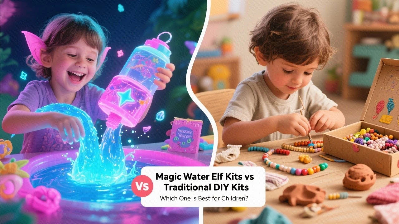blog cover image illustrating a comparison between Magic Water Elf Kits and Traditional DIY Kits for children
