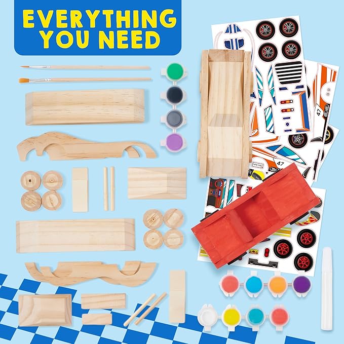 4-Piece DIY Wooden Race Car Kit – Creative Craft Toy Set for Kids Boys & Girls, Birthday Party Gifts