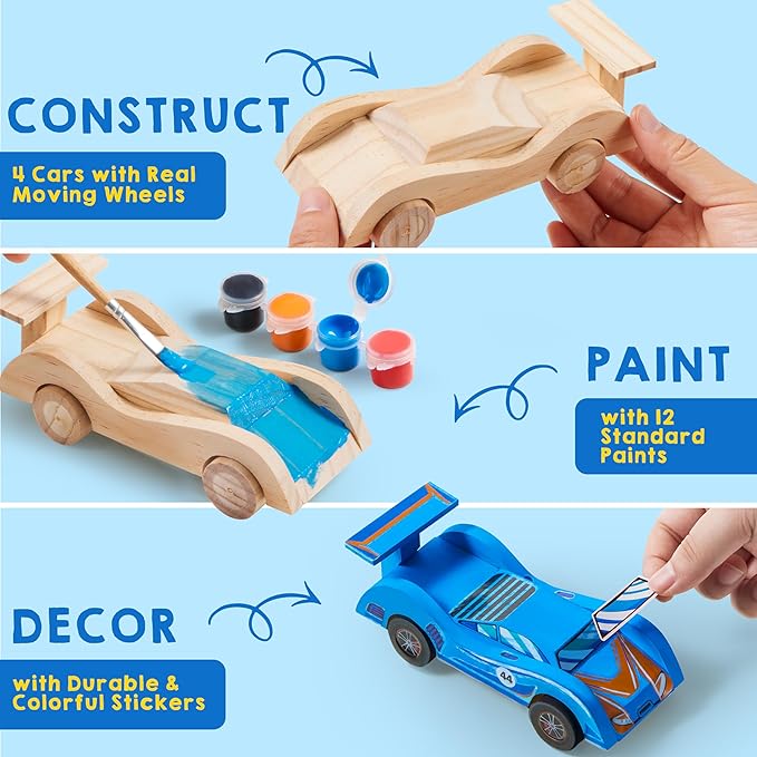 4-Piece DIY Wooden Race Car Kit – Creative Craft Toy Set for Kids Boys & Girls, Birthday Party Gifts