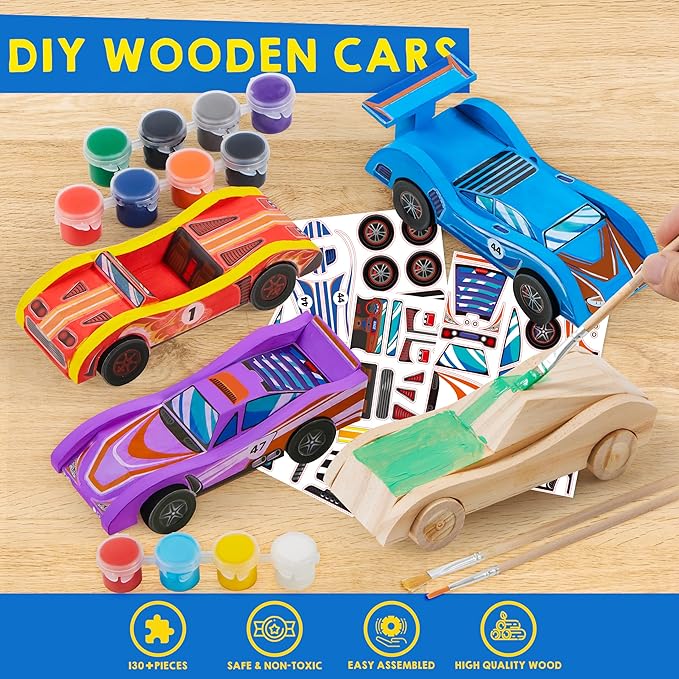 4-Piece DIY Wooden Race Car Kit – Creative Craft Toy Set for Kids Boys & Girls, Birthday Party Gifts