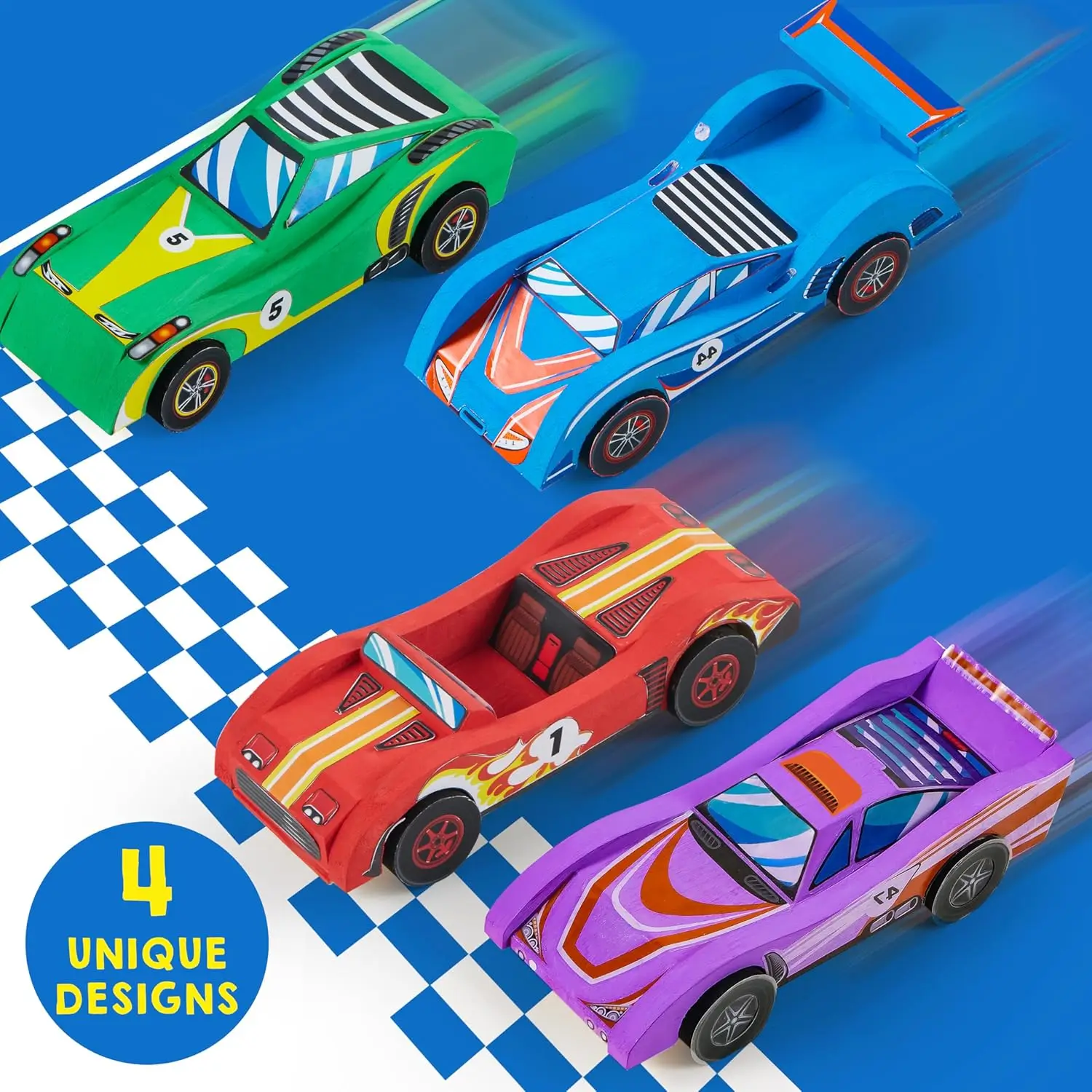 4-Piece DIY Wooden Race Car Kit – Creative Craft Toy Set for Kids Boys & Girls, Birthday Party Gifts