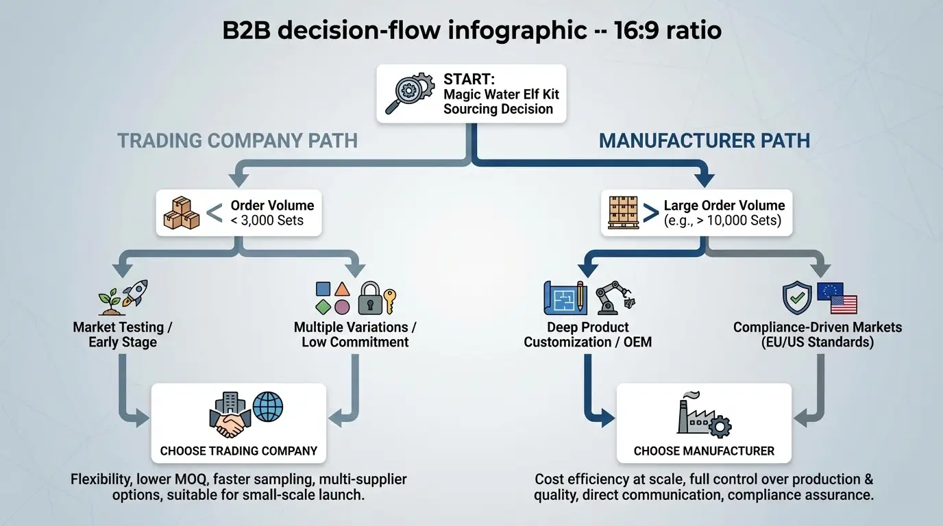 Decision guide showing when to choose a Magic Water Elf Kit trading company versus a manufacturer based on order volume, customization needs, and EU or US compliance requirements