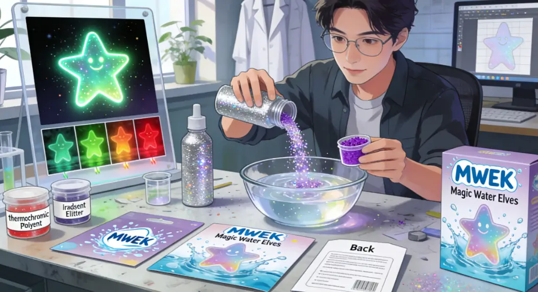 Designer discussing Magic Water Elf Kit concept with sketches and age grading charts.